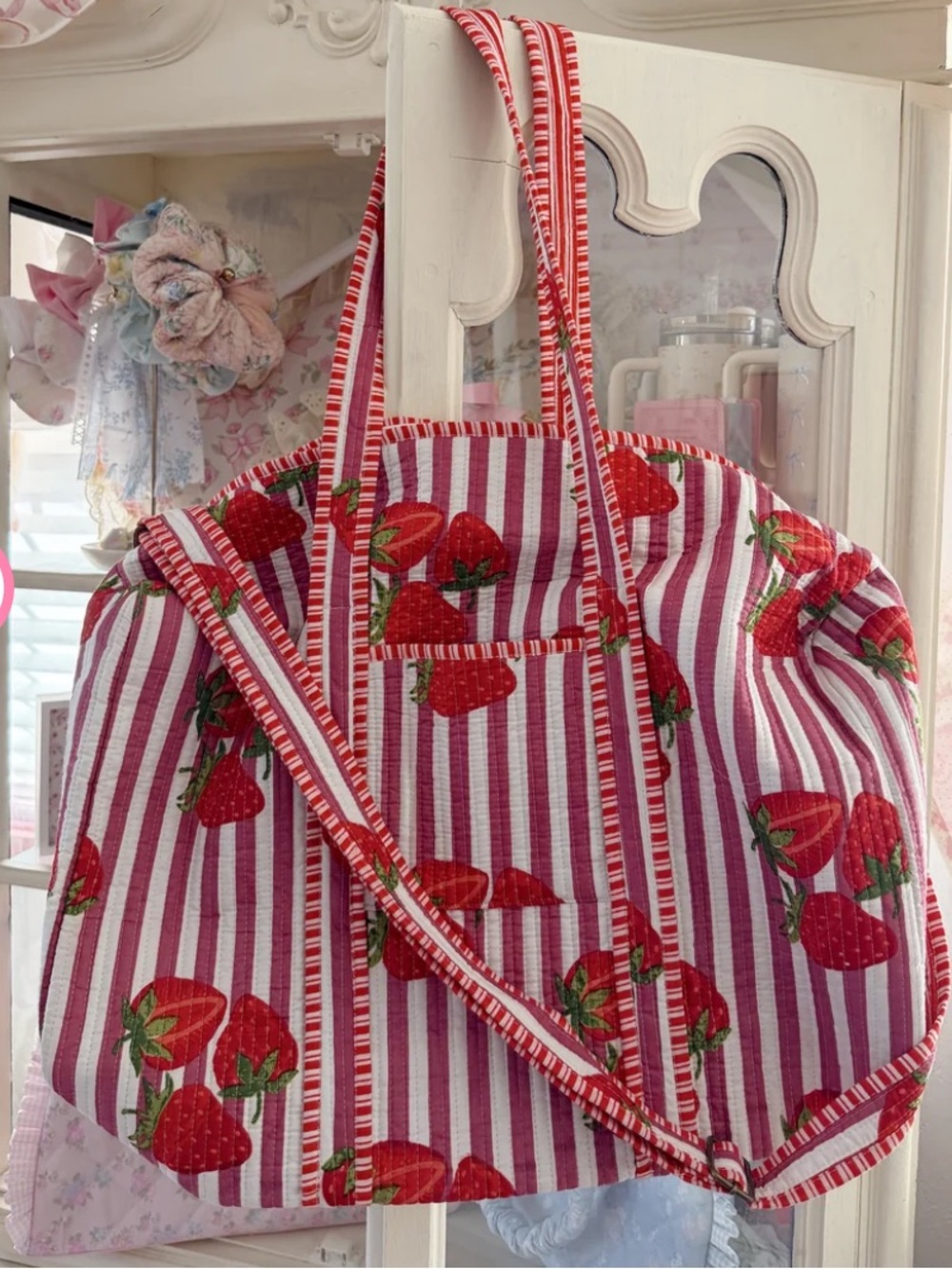 Striped Strawberry Duffle Bag in Pink and Red - POL